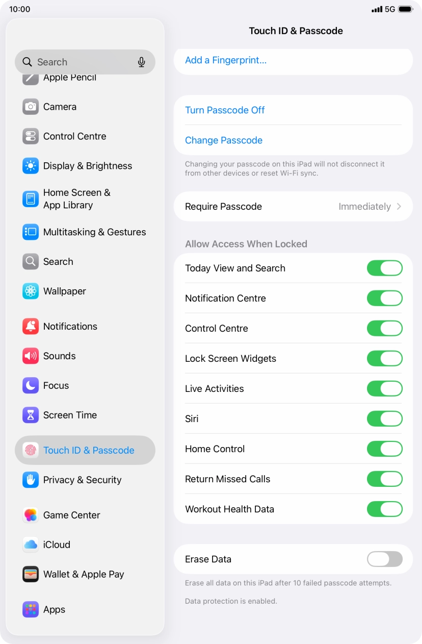 Press the indicator next to 'Erase Data' to turn the function on or off.