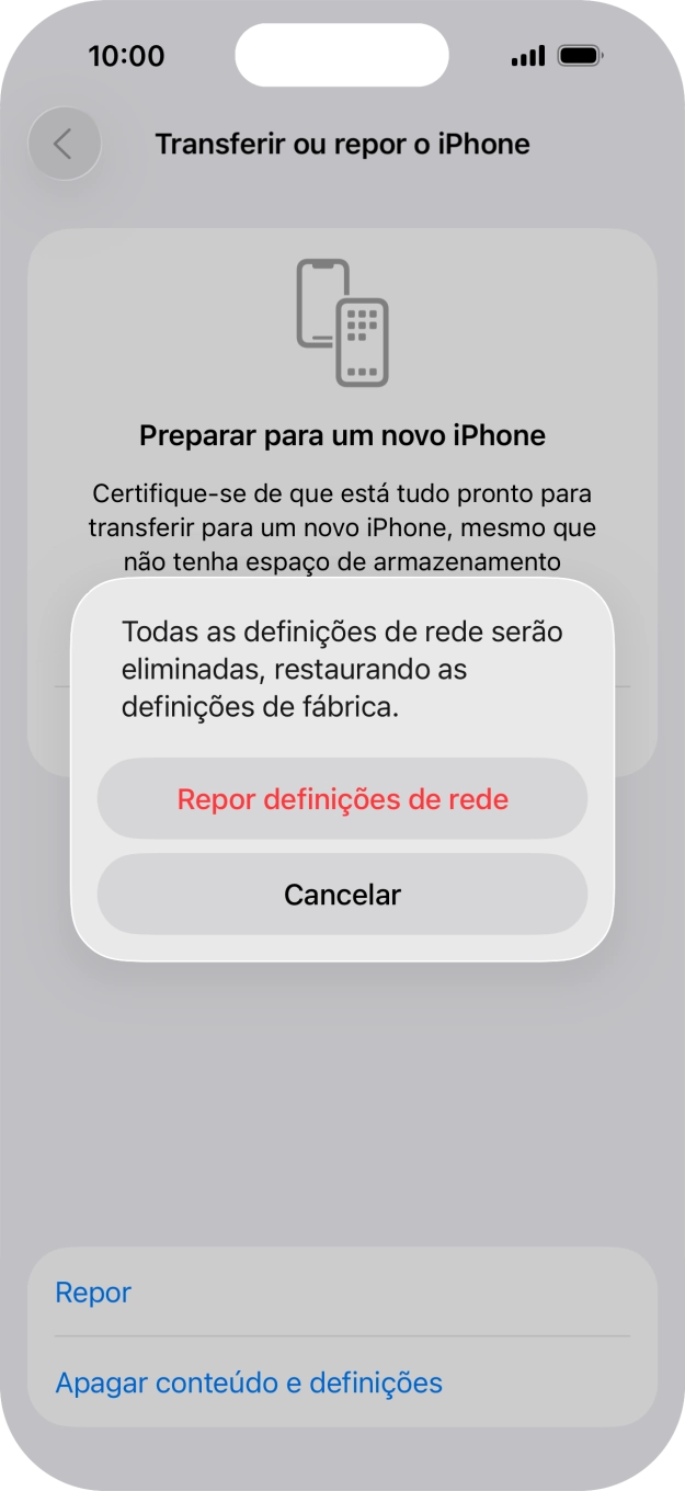 Prima Repor definições de rede.