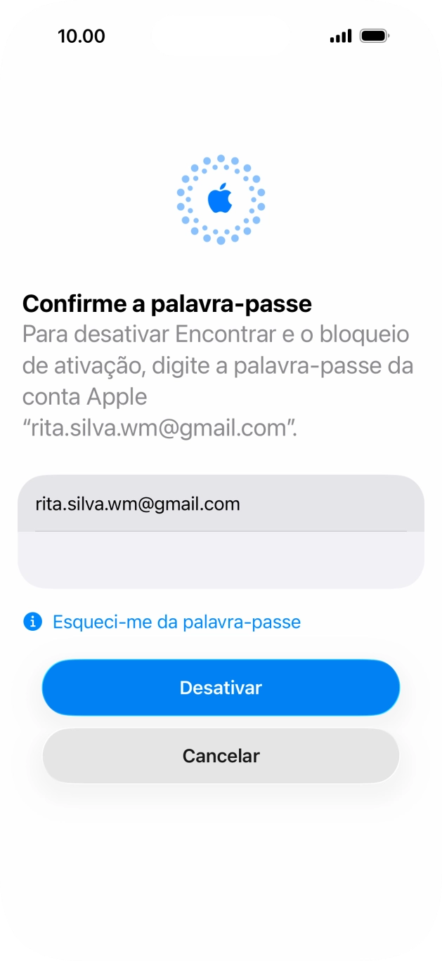 Introduza a password da sua Conta Apple e prima Desactivar. Aguarde um momento enquanto o telefone restabelece as definições originais. Siga as indicações no ecrã para configurar o telefone de modo que este fique pronto a ser utilizado.