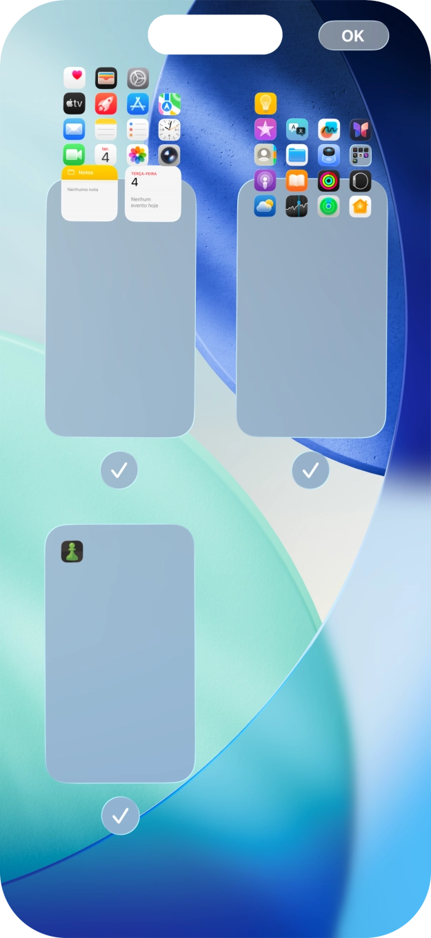 Prima os campos sob as páginas do ecrã inicial pretendidas, para ativar ou desativar a exibição de páginas.