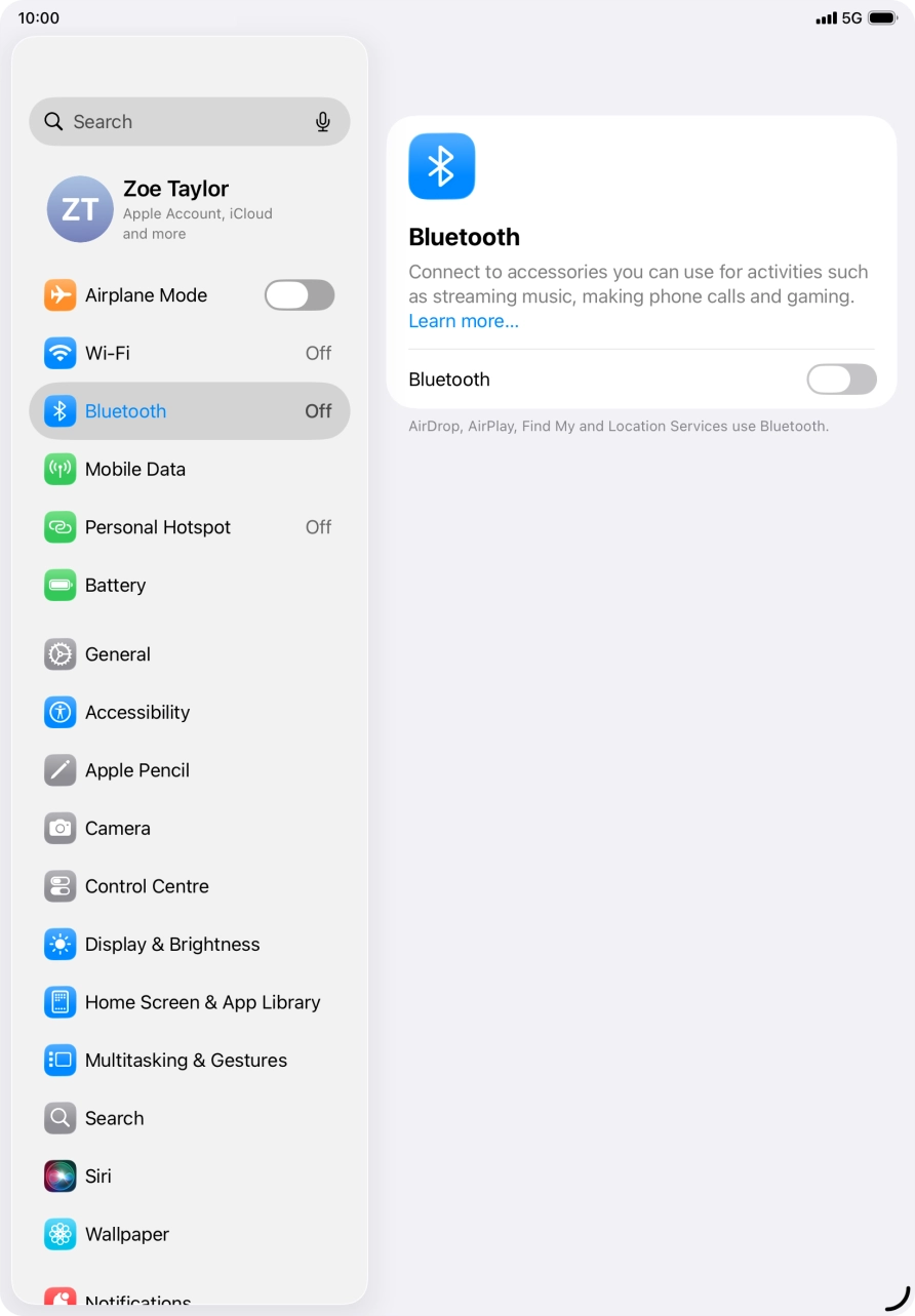 Press the indicator next to 'Bluetooth' to turn on the function.