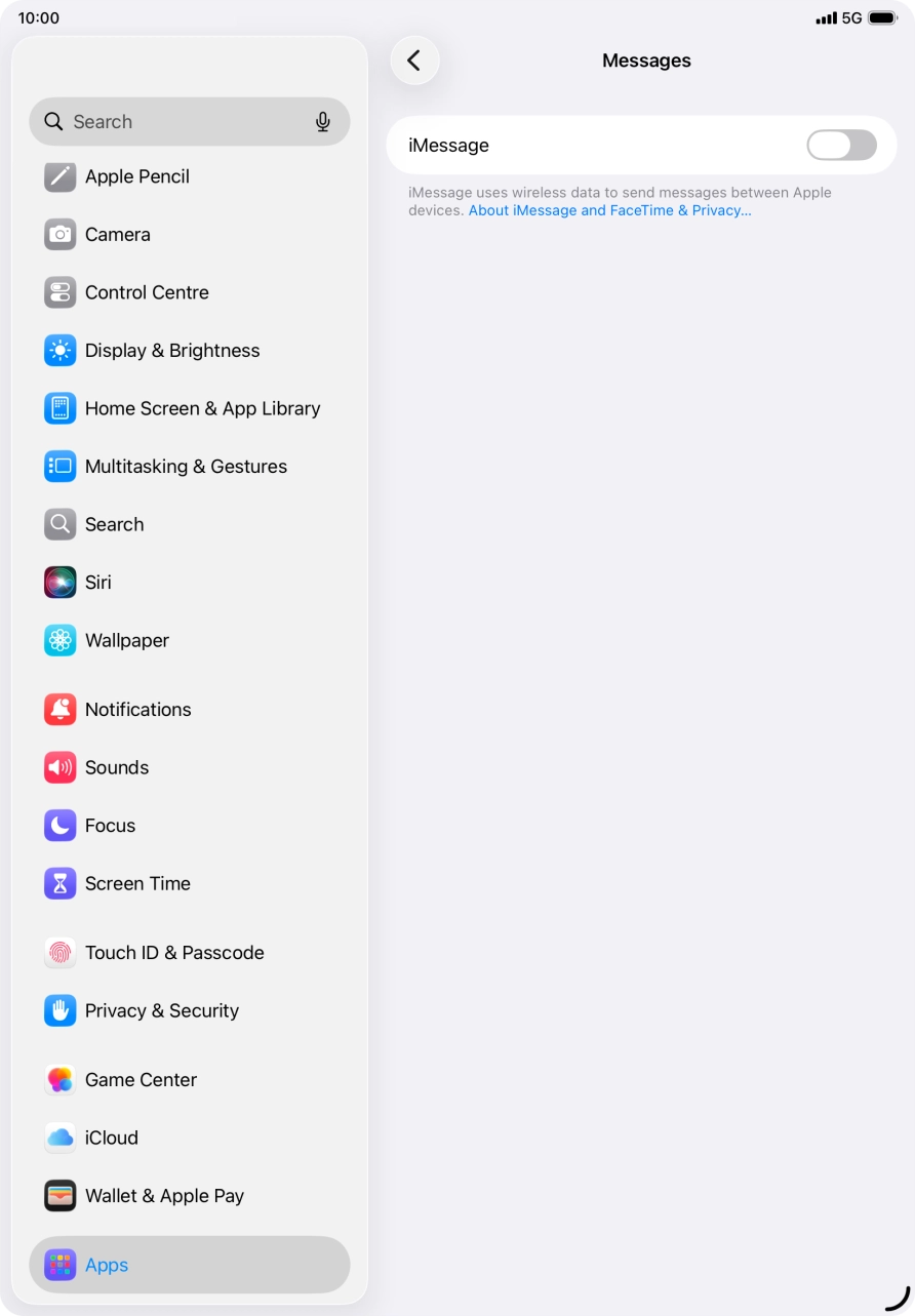 Press the indicator next to 'iMessage' to turn on the function.