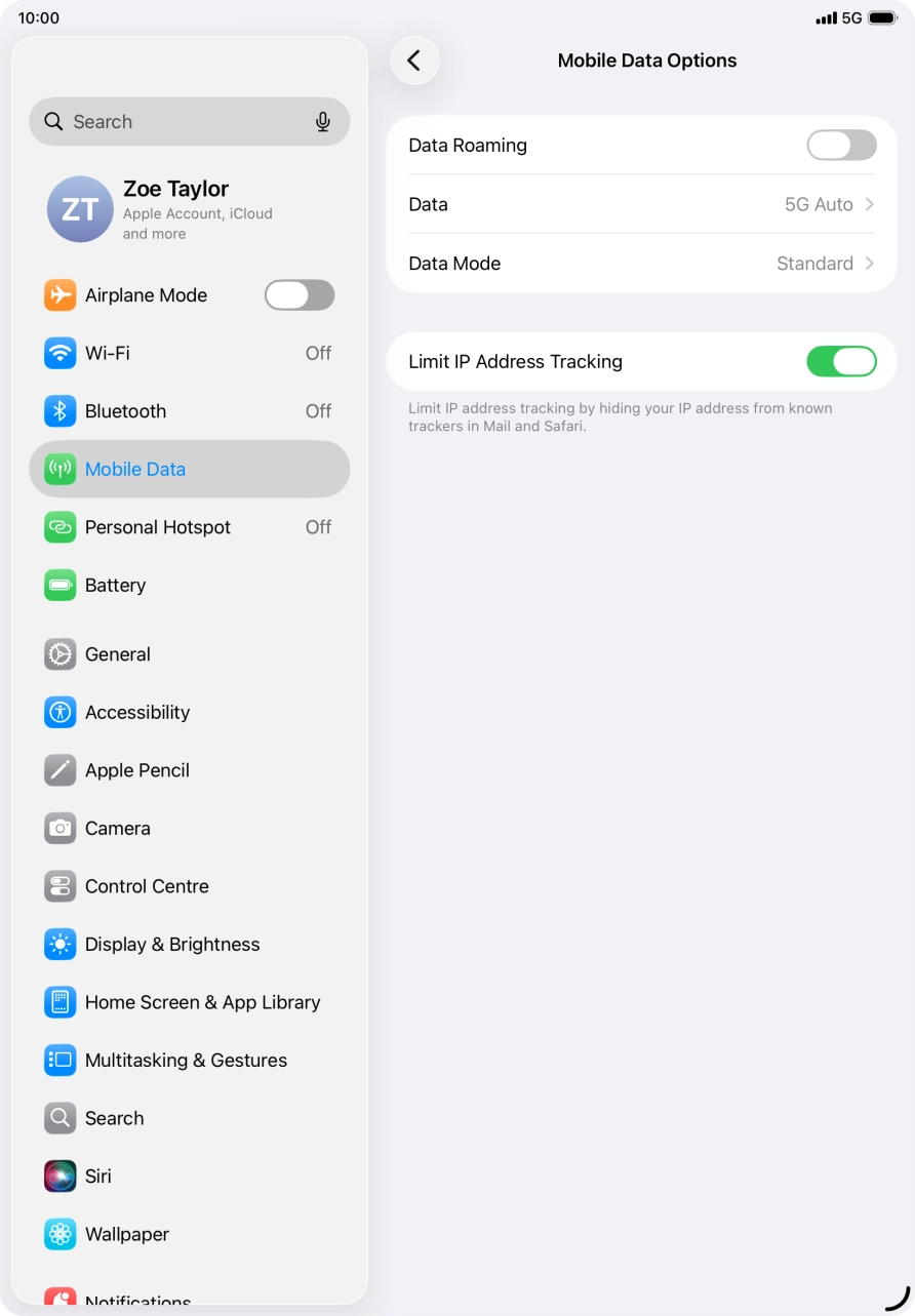 Press the indicator next to 'Data Roaming' to turn the function on or off.