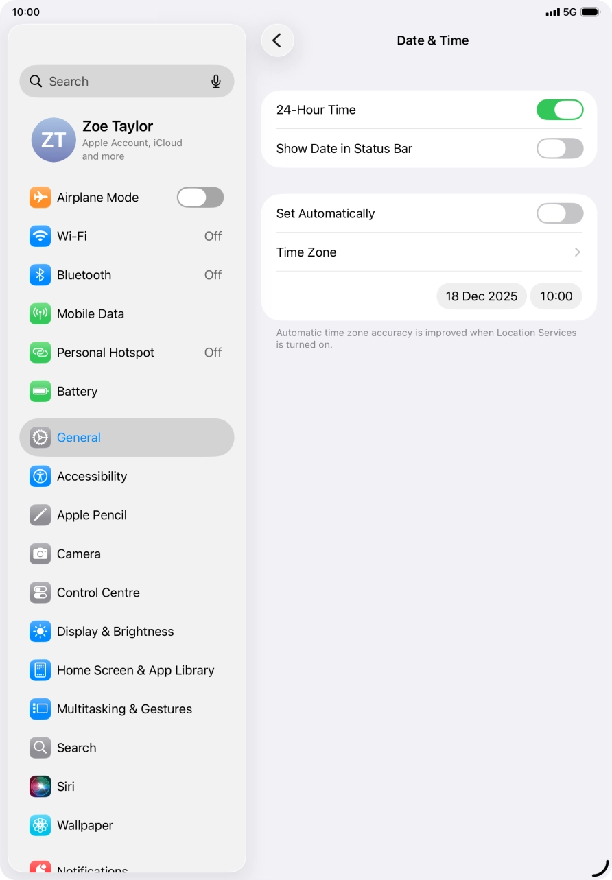 Press the indicator next to 'Set Automatically' to turn on the function.