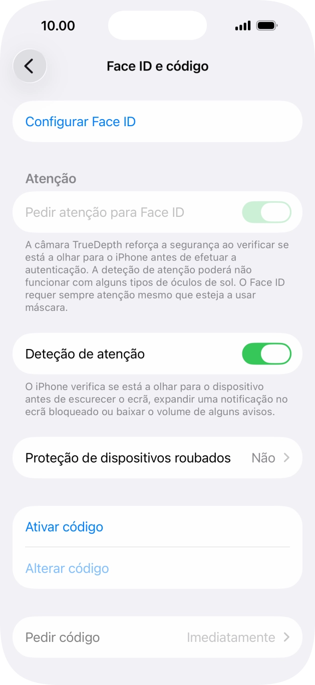 Prima Ativar código e introduza um código de bloqueio do telefone à escolha duas vezes de seguida.
