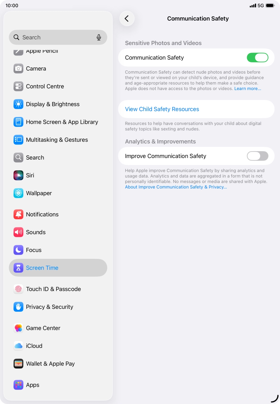 Press the indicator next to 'Communication Safety' to turn the function on or off.