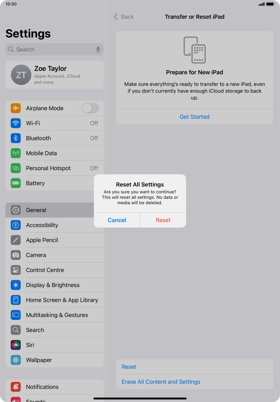 Press Reset. Wait a moment while the factory settings are restored. Follow the instructions on the screen to set up your tablet and prepare it for use.