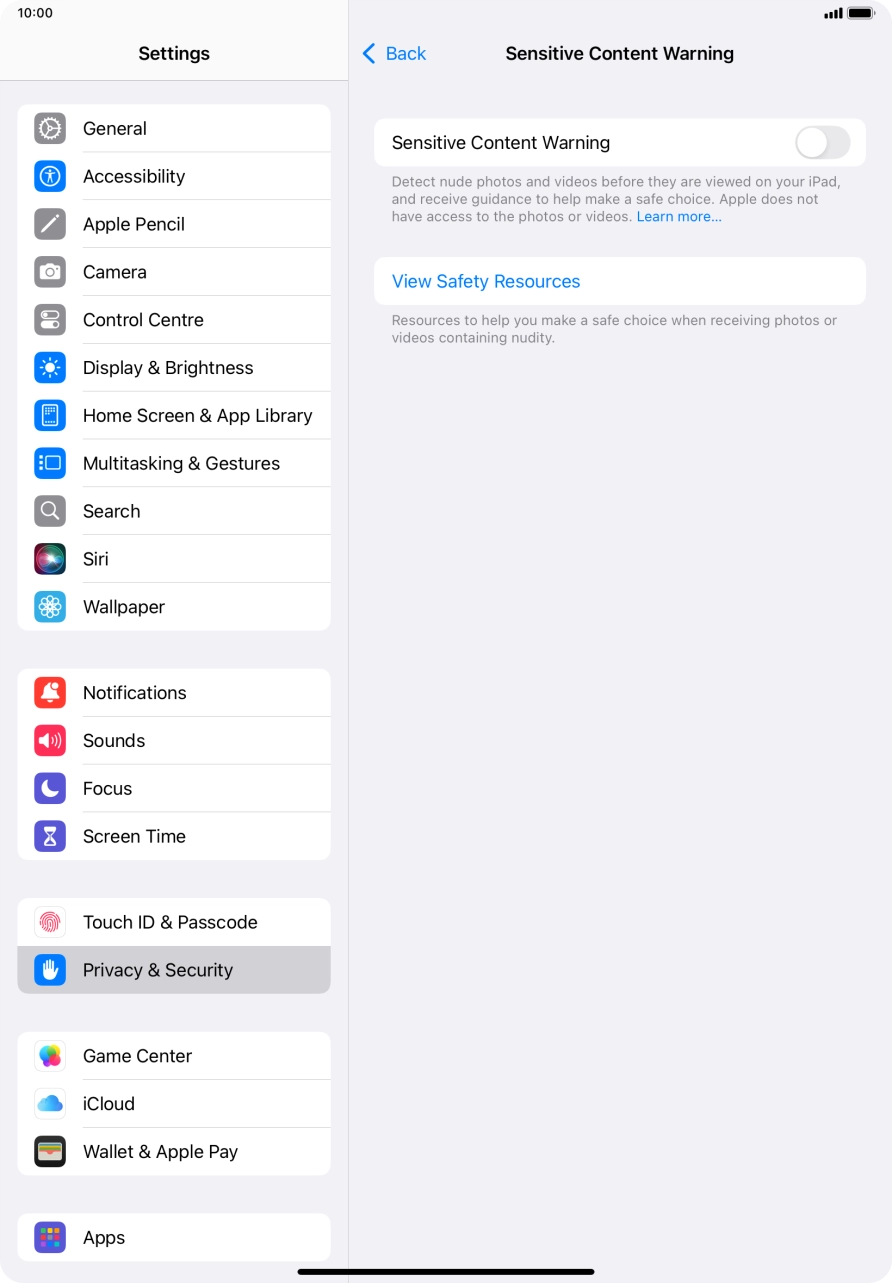 Press the indicator next to 'Sensitive Content Warning' to turn the function on or off.