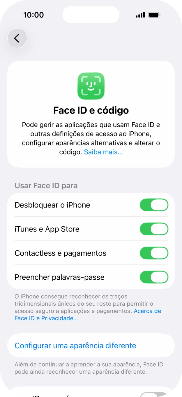 Prima os indicadores junto às definições pretendidas para as ativar ou desativar.