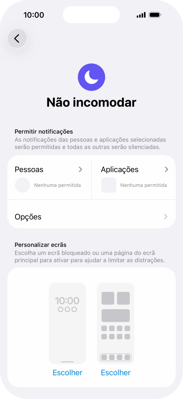 Prima Pessoas e siga as indicações no ecrã para escolher quais os contactos de que pretende receber chamadas e notificações, enquanto a função “Não incomodar” está ativada.