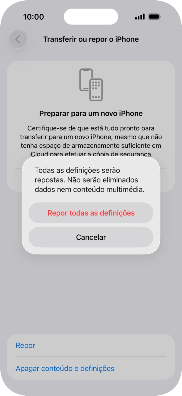 Prima Repor todas as definições.