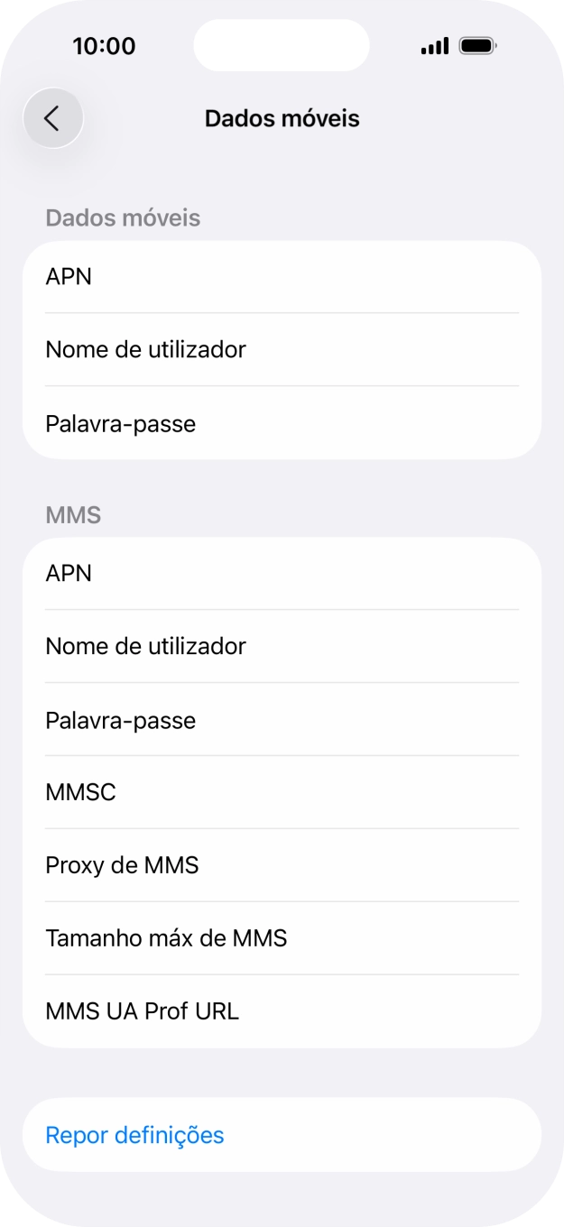 Prima APN e insira net2.vodafone.pt.