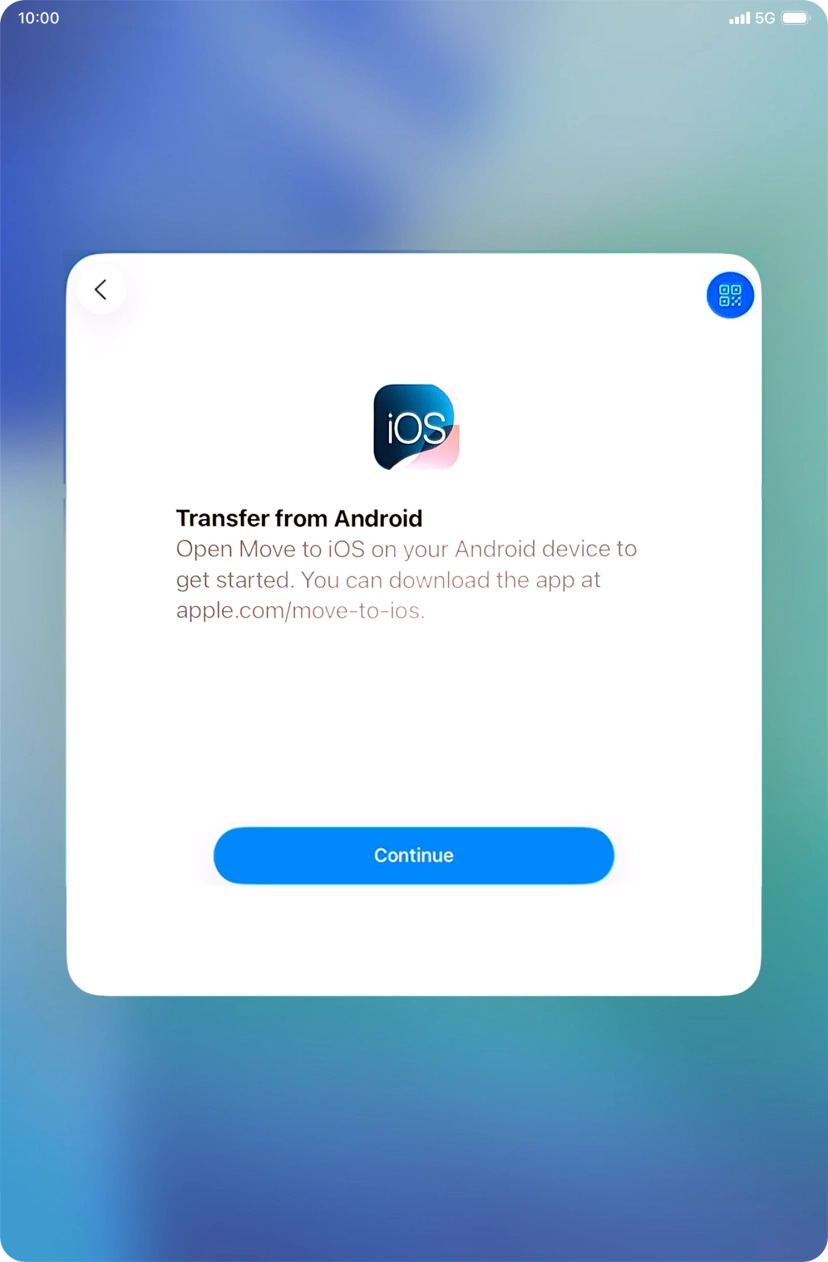 To transfer content to your tablet, you need to install the app 'Move to iOS' on the Android device. When the app is installed, press Continue.