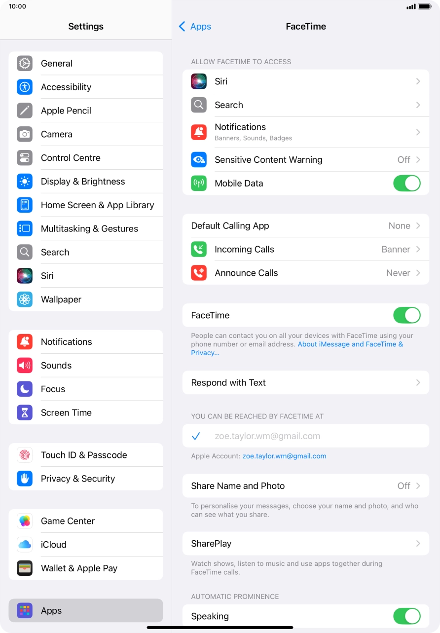 Press the indicator next to 'FaceTime' to turn the function on or off.