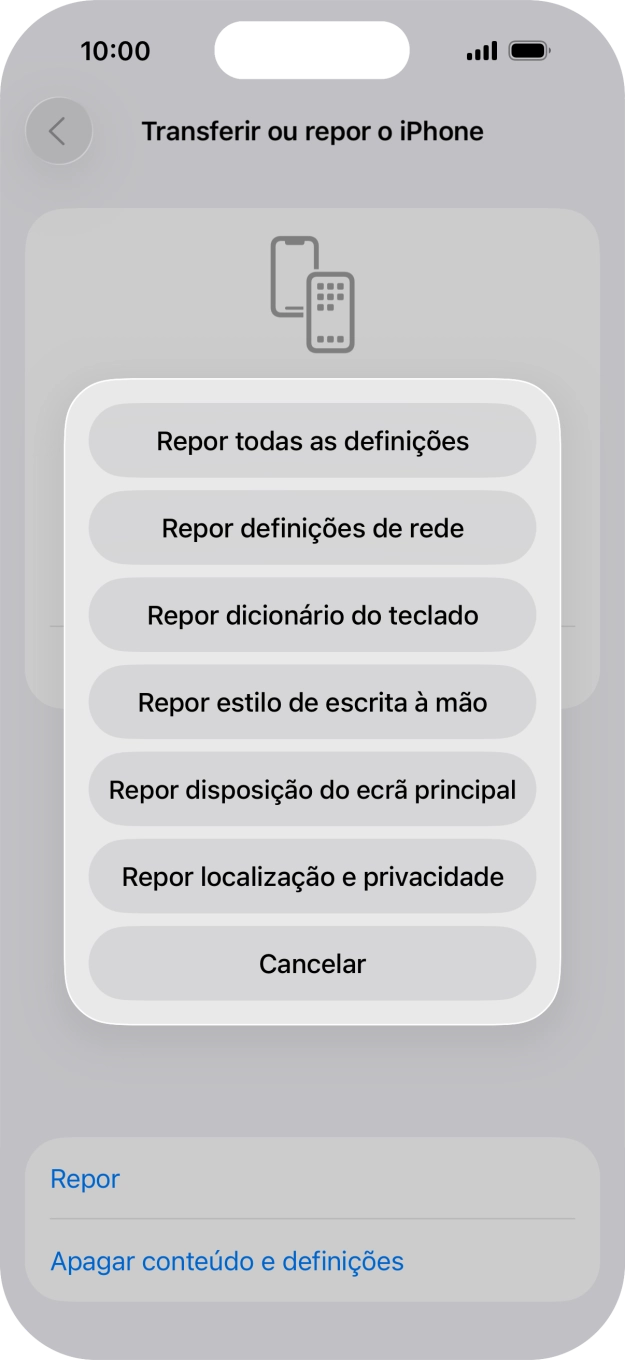 Prima Repor definições de rede.
