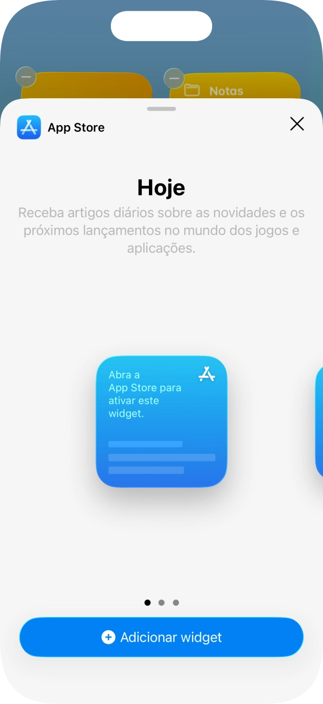 Para escolher a dimensão pretendida para o widget, deslize o dedo para a direita ou para a esquerda sobre o ecrã.