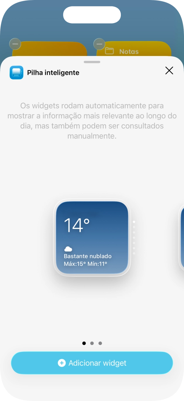 Para escolher a dimensão pretendida para o widget, deslize o dedo para a direita ou para a esquerda sobre o ecrã.