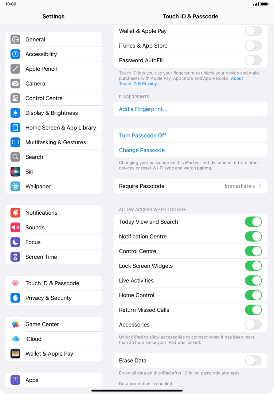 Press the indicator next to 'Erase Data' to turn the function on or off.