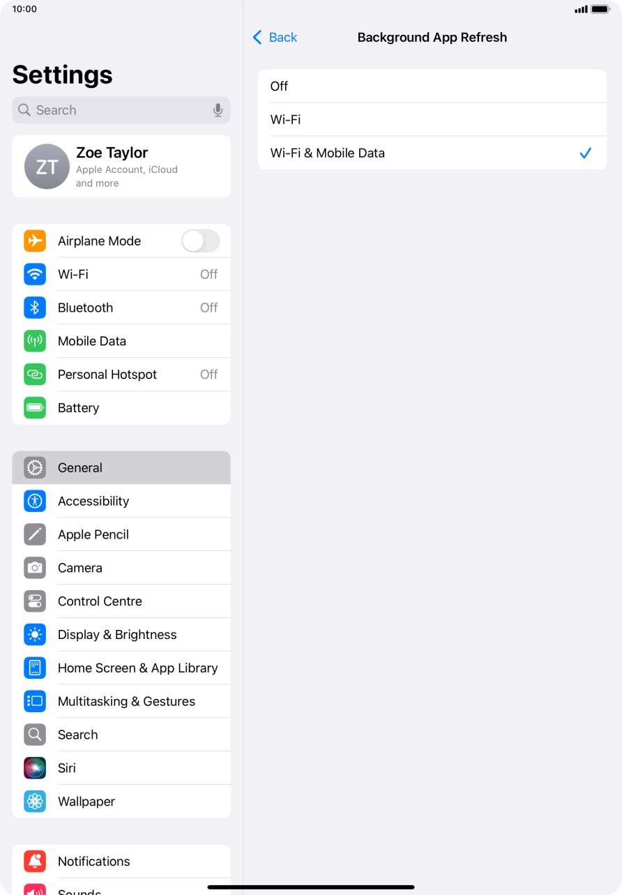 To turn off background refresh of apps, press Off. To turn off background refresh of apps, press Off.