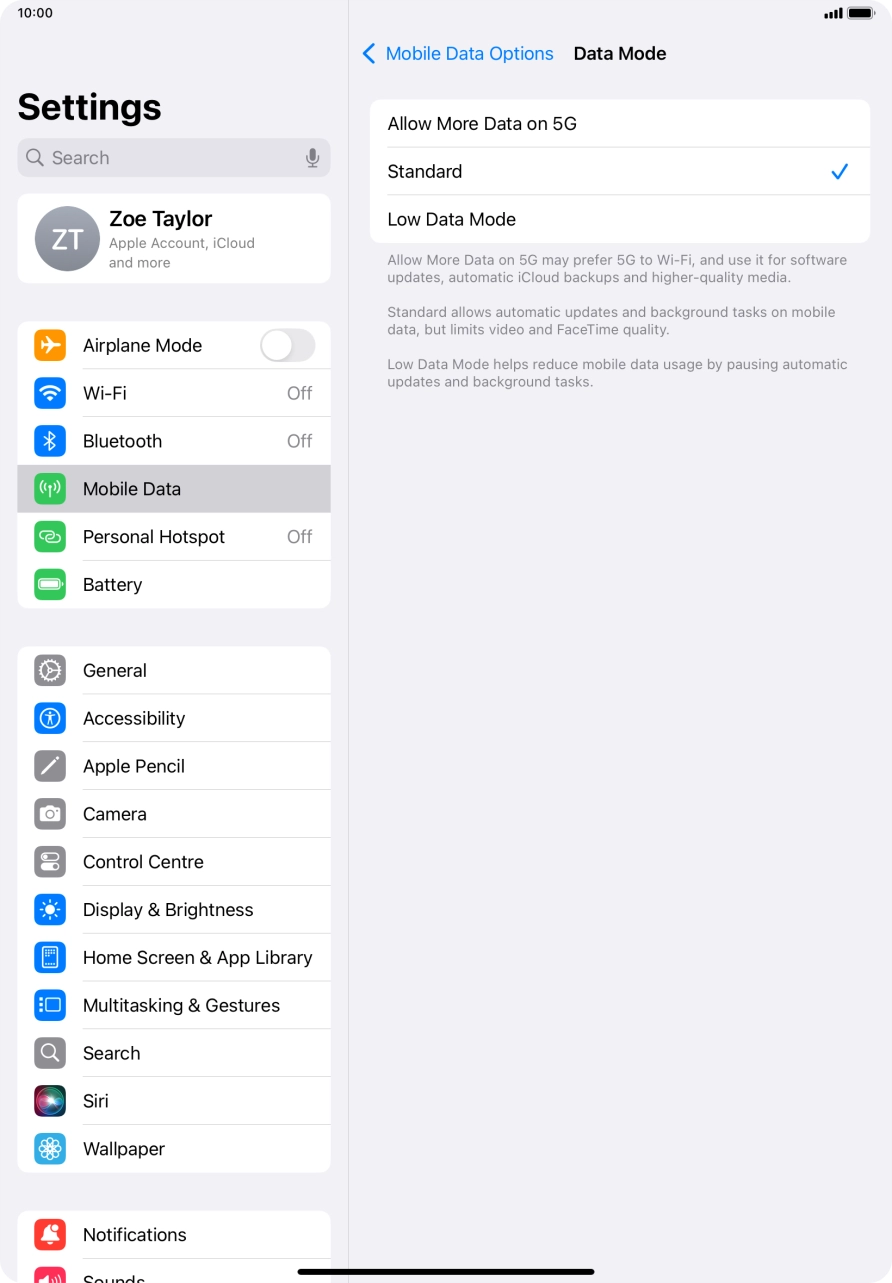 Press the required setting to turn the function on or off.