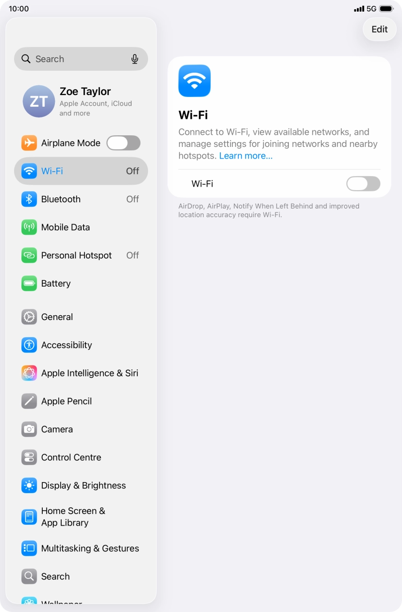 Press the indicator next to 'Wi-Fi' to turn on the function.