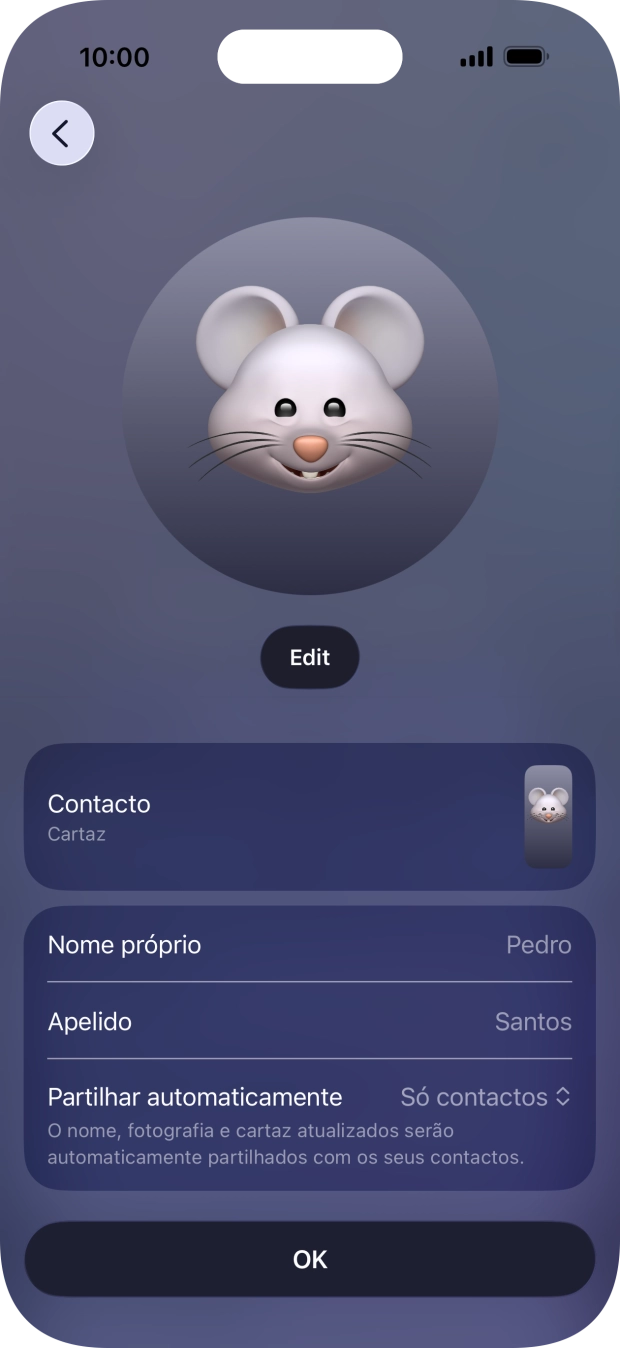 Prima os campos do nome e siga as indicações no ecrã para editar o seu nome no cartaz de contacto.