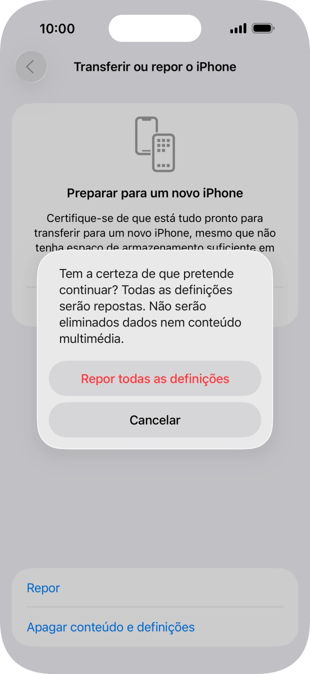 Prima Repor todas as definições. Aguarde um momento enquanto o telefone restabelece as definições originais. Siga as indicações no ecrã para configurar o telefone de modo que este fique pronto a ser utilizado.