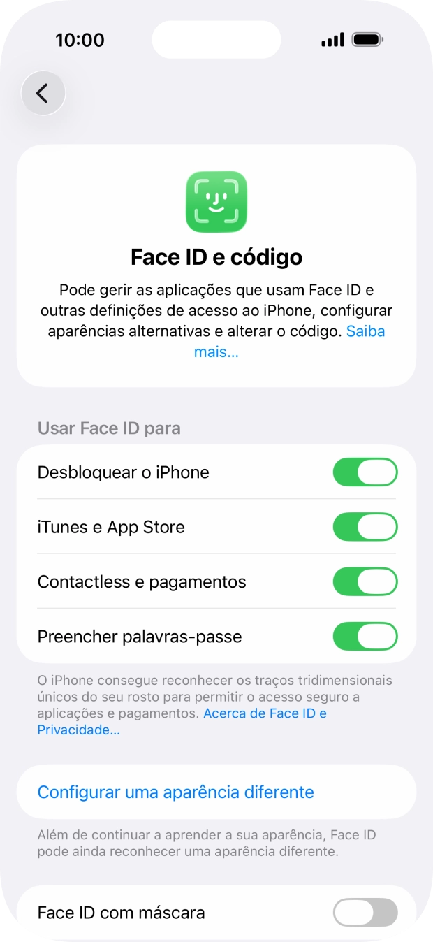Prima os indicadores junto às definições pretendidas para as ativar ou desativar.