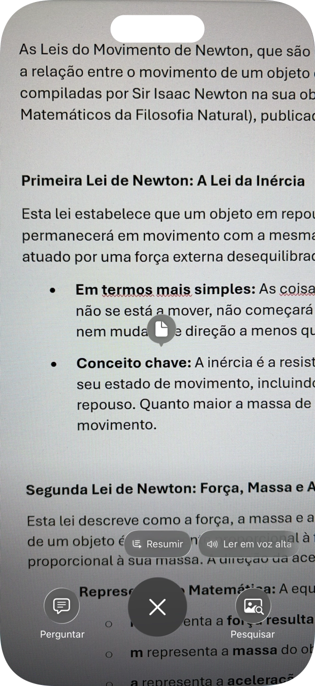 Para utilizar a inteligência visual num texto, tire uma foto do texto, prima a definição pretendida e siga as indicações no ecrã, para utilizar a função.