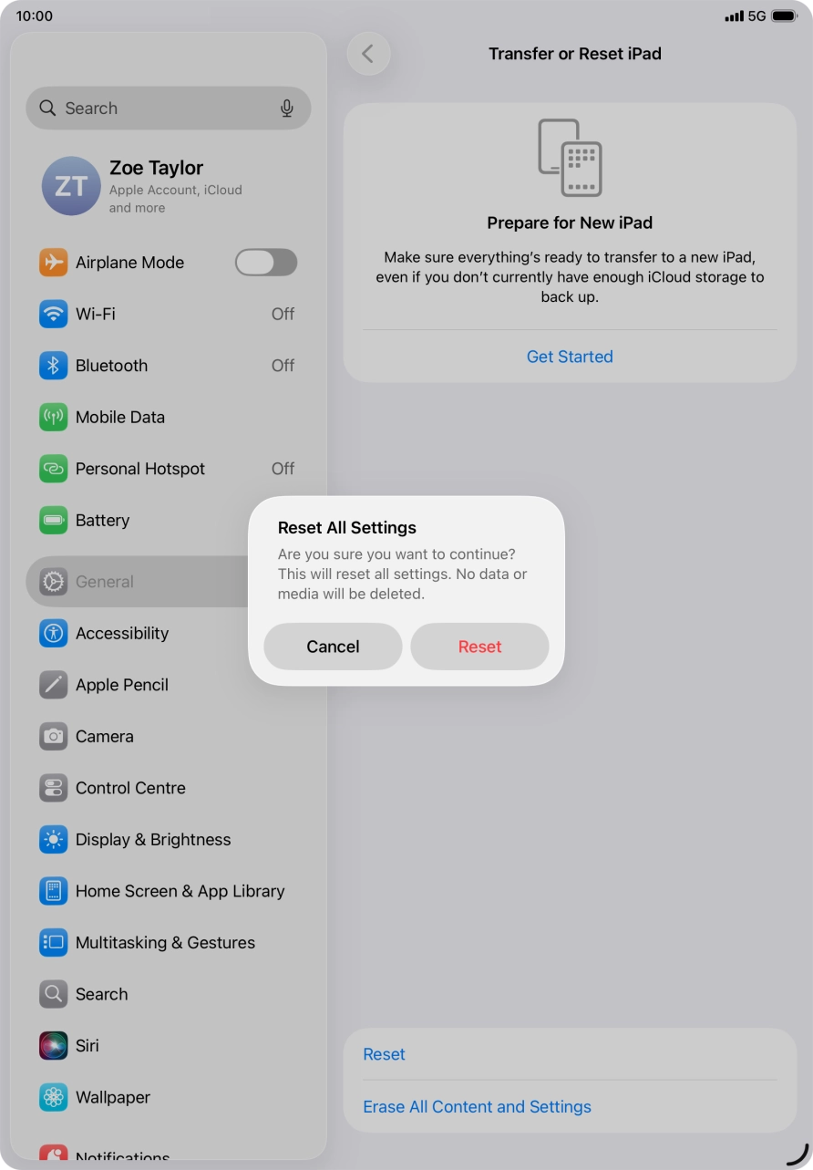 Press Reset. Wait a moment while the factory settings are restored. Follow the instructions on the screen to set up your tablet and prepare it for use.