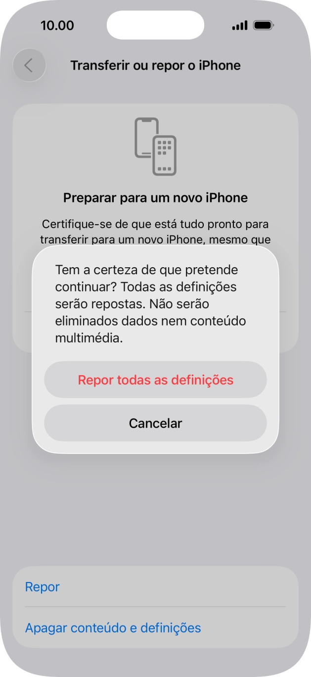 Prima Repor todas as definições. Aguarde um momento enquanto o telefone restabelece as definições originais. Siga as indicações no ecrã para configurar o telefone de modo que este fique pronto a ser utilizado.