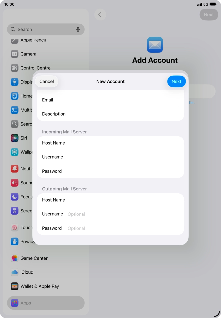 Press Username and key in the username for your email account.