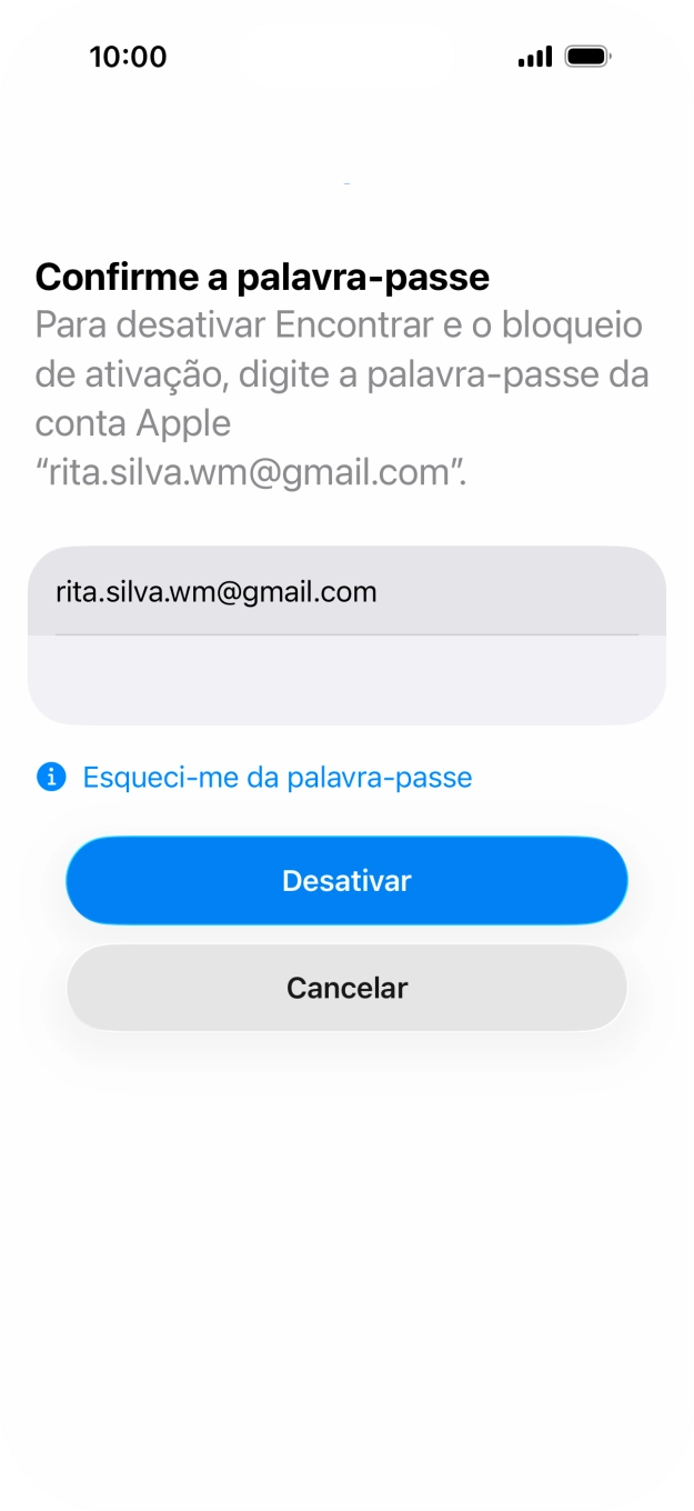 Introduza a password da sua Conta Apple e prima Desactivar. Aguarde um momento enquanto o telefone restabelece as definições originais. Siga as indicações no ecrã para configurar o telefone de modo que este fique pronto a ser utilizado.