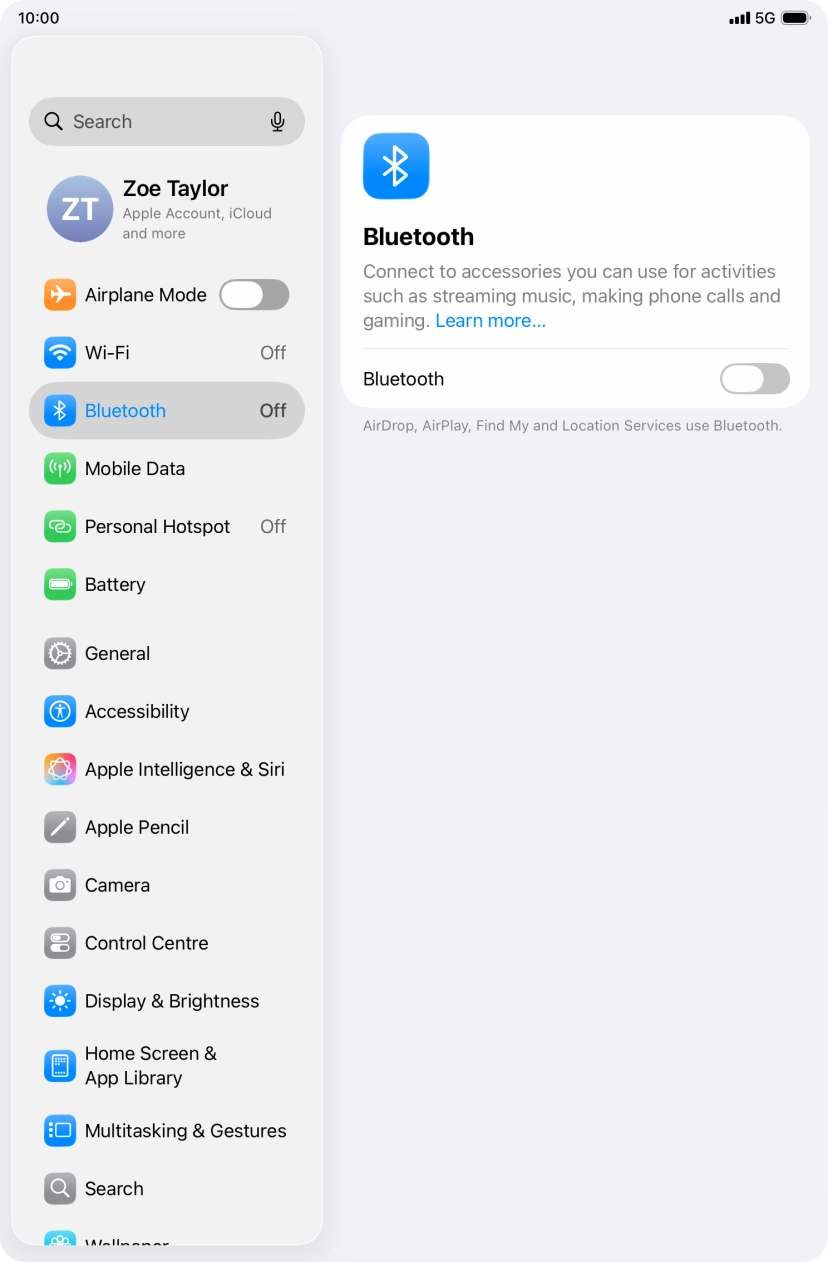 Press the indicator next to 'Bluetooth' to turn on the function.