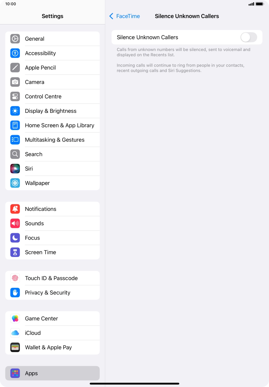 Press the indicator next to 'Silence Unknown Callers' to turn the function on or off.