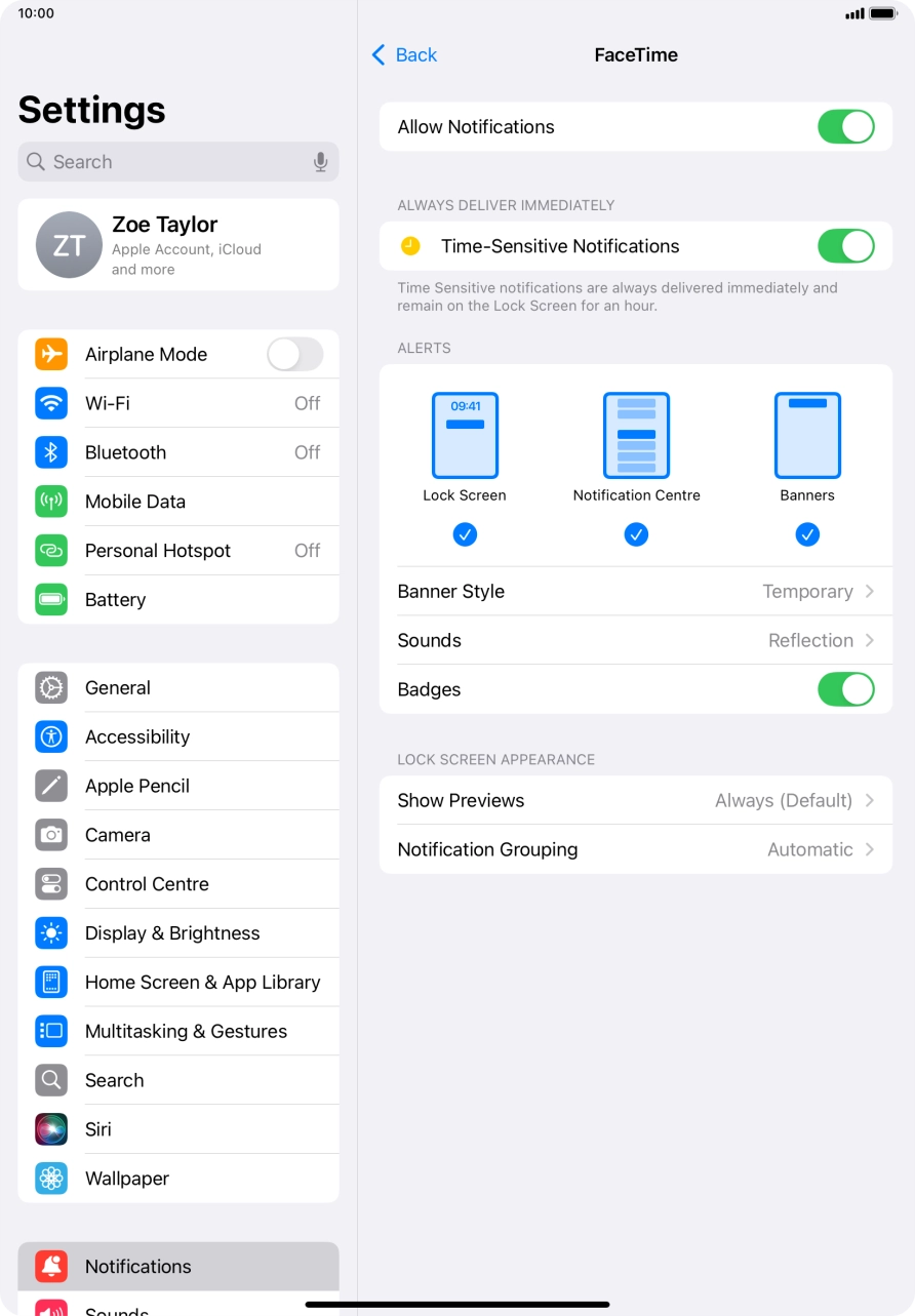 Press the indicator next to 'Allow Notifications' to turn notifications for the selected application on or off. Press the indicator next to 'Allow Notifications' to turn notifications for the selected application on or off.