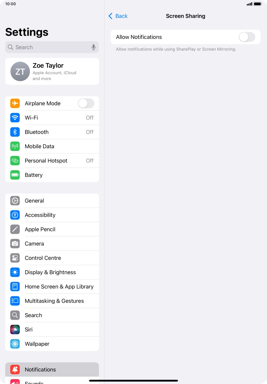 Press the indicator next to 'Allow Notifications' to turn the function on or off. Press the indicator next to 'Allow Notifications' to turn the function on or off.