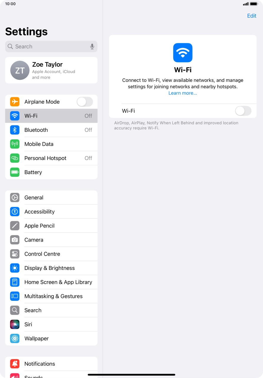 Press the indicator next to 'Wi-Fi' to turn on the function.