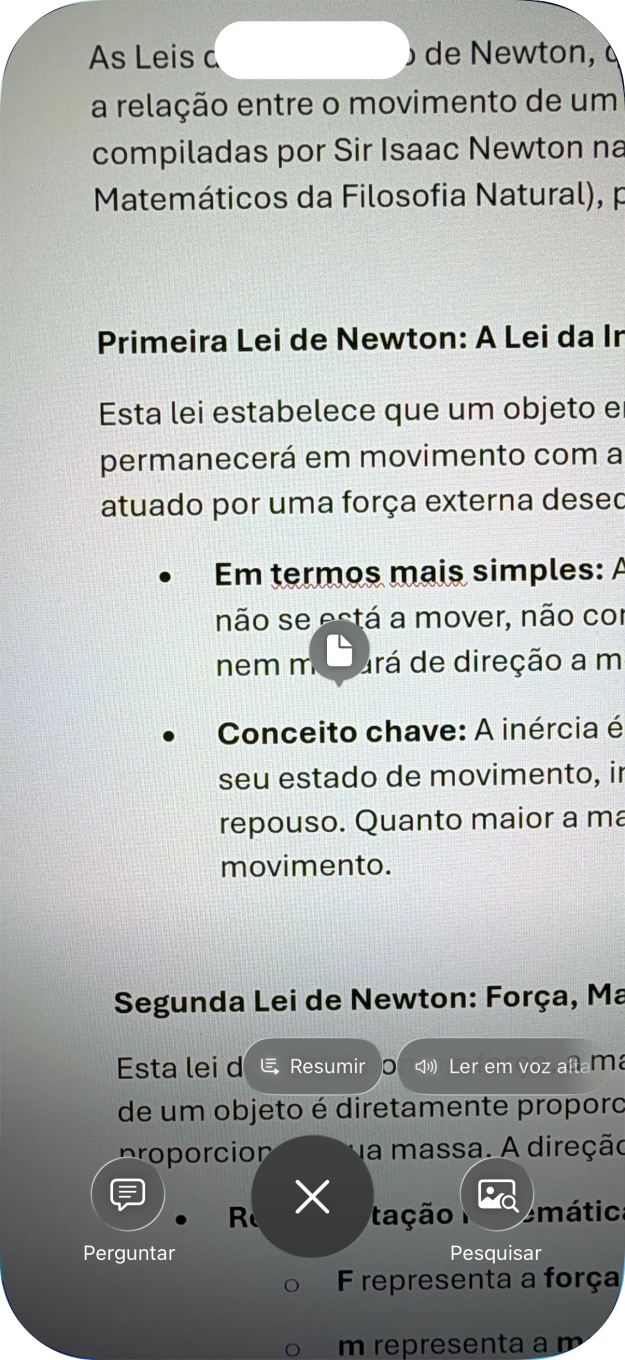 Para utilizar a inteligência visual num texto, tire uma foto do texto, prima a definição pretendida e siga as indicações no ecrã, para utilizar a função.