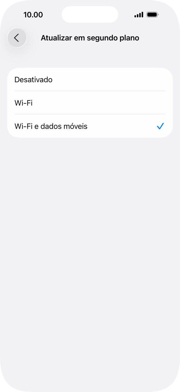 Para desativar a atualização de apps em segundo plano, prima Desativado.