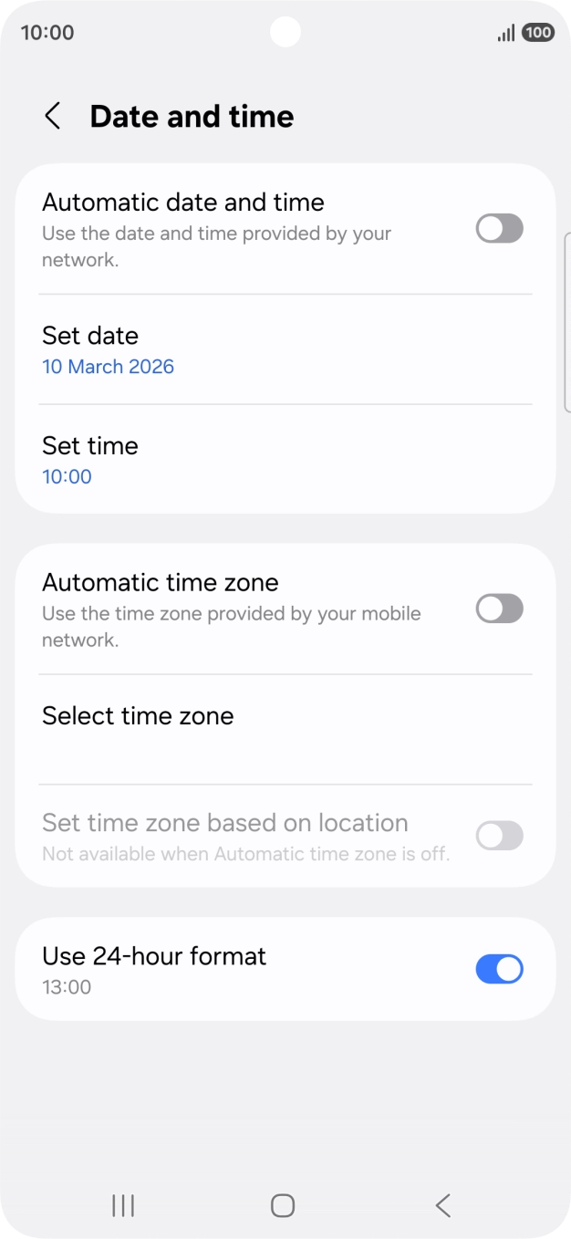 Press the indicator next to 'Automatic date and time' to turn on the function.