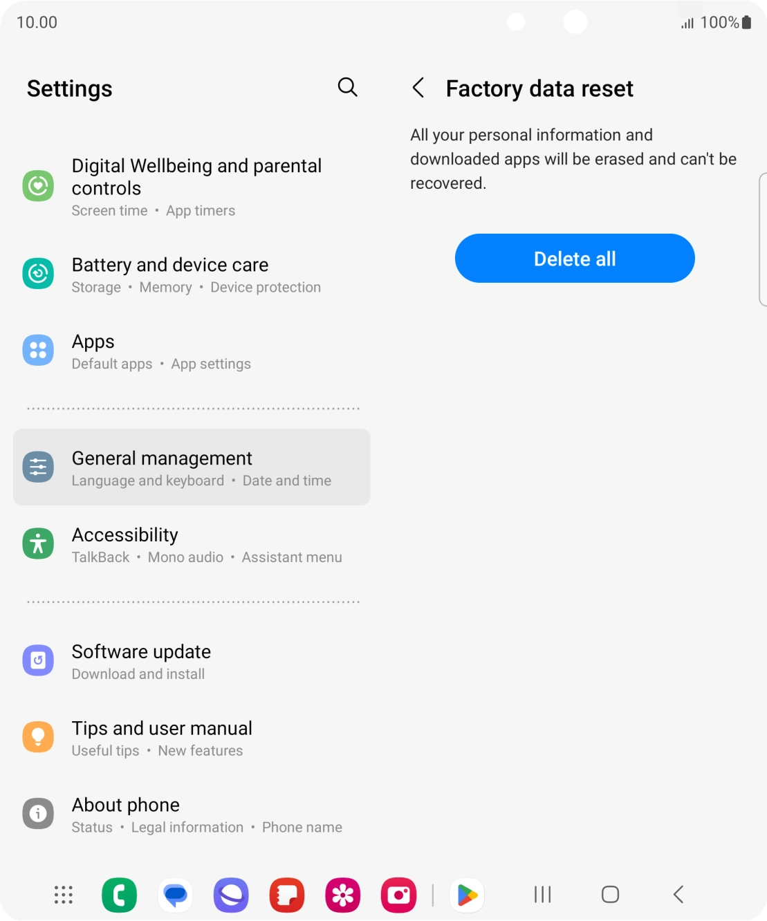 Press Delete all. Wait a moment while the factory default settings are restored. Follow the instructions on the screen to set up your phone and prepare it for use.