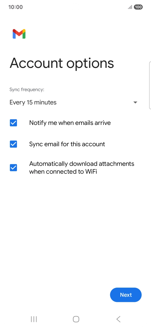 If this screen is displayed, your email account has been recognised and set up automatically. Follow the instructions on the screen to key in more information and finish setting up your phone.