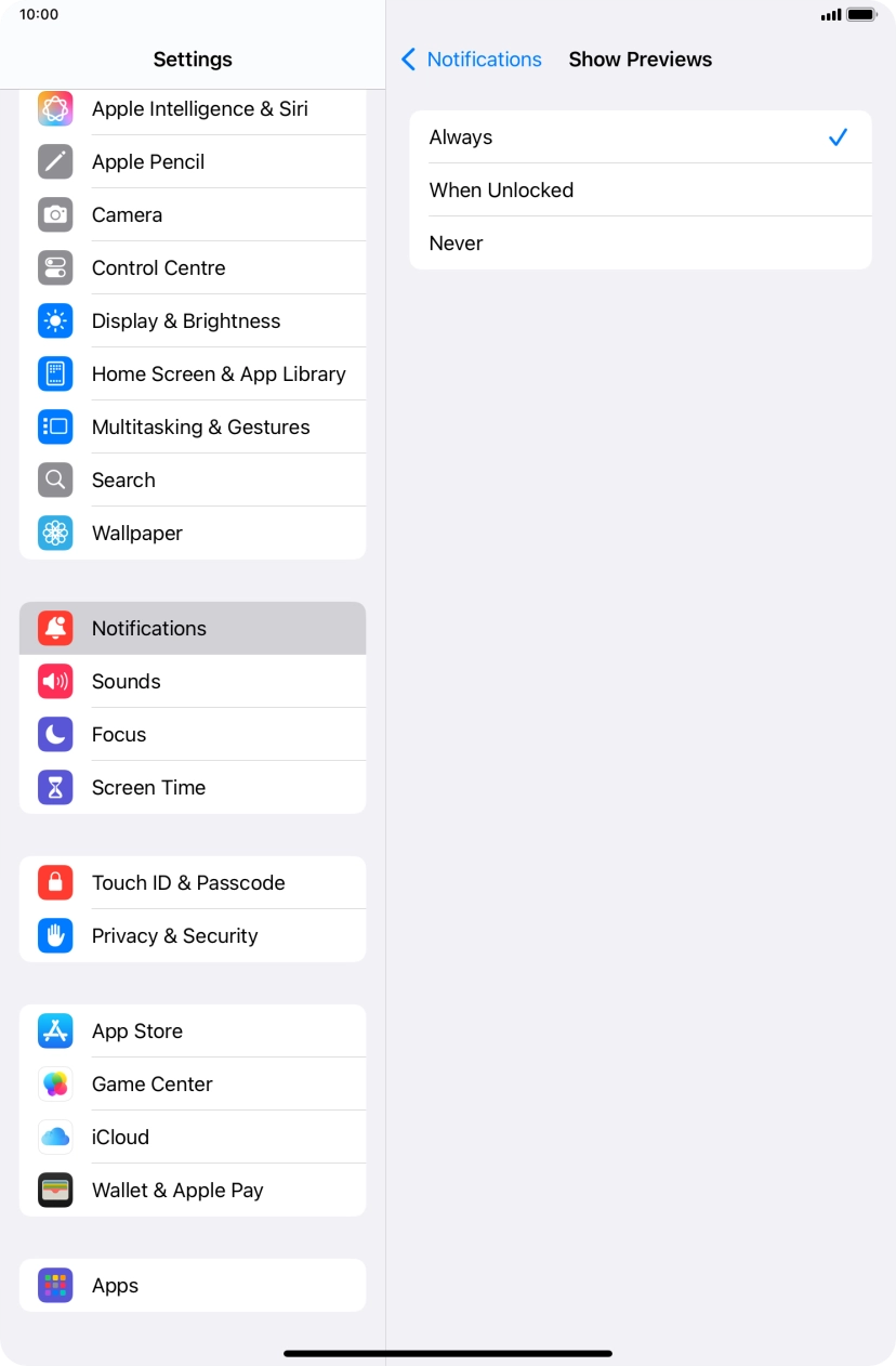 To select push notification preview on the lock screen, press Always.