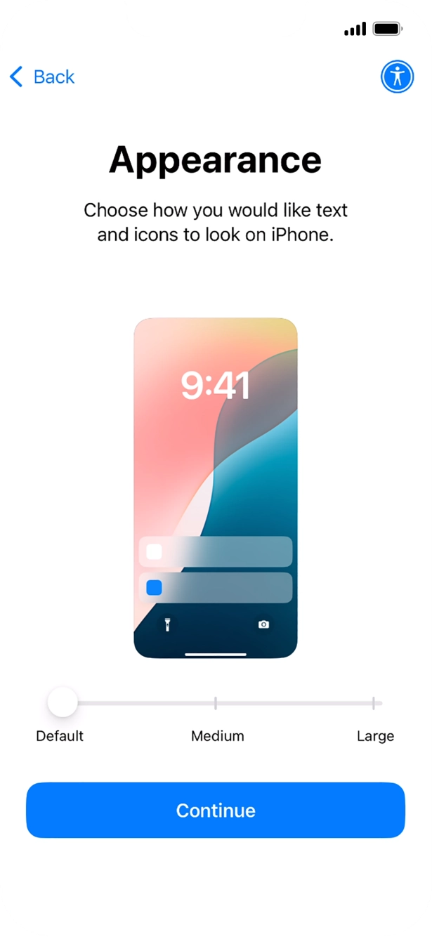 Select the required text and icon size on your phone and press Continue.