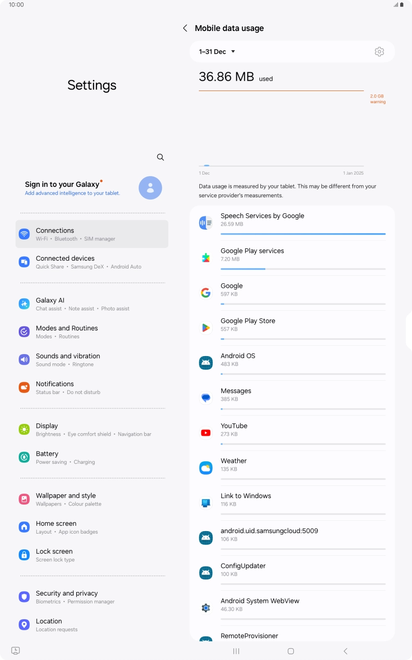 The data usage for each application is displayed below the name of the application.