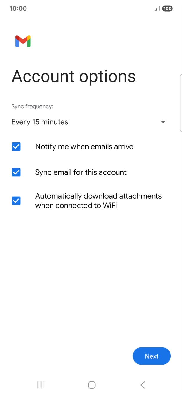 If this screen is displayed, your email account has been recognised and set up automatically. Follow the instructions on the screen to key in more information and finish setting up your phone.