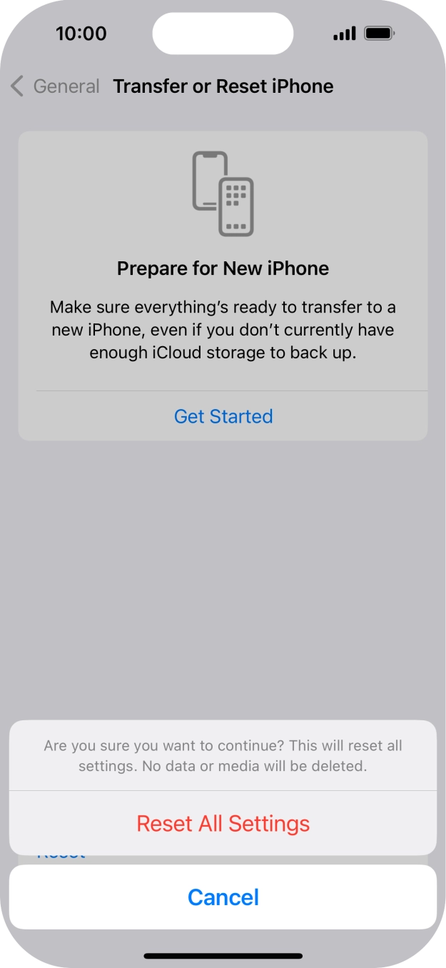 Press Reset All Settings. Wait a moment while the factory default settings are restored. Follow the instructions on the screen to set up your phone and prepare it for use.