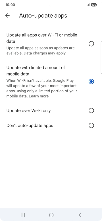 To turn on automatic update of apps using mobile network, press Update all apps over Wi-Fi or mobile data. To turn on automatic update of apps using mobile network, press Update all apps over Wi-Fi or mobile data.