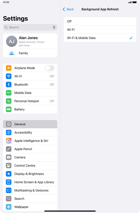 To turn off background refresh of apps, press Off. To turn off background refresh of apps, press Off.